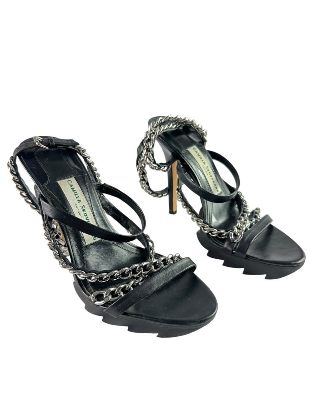 Genuine CAMILLA SKOVGAARD Black Leather Chain Link Sandals Platform Heels 39.5 9